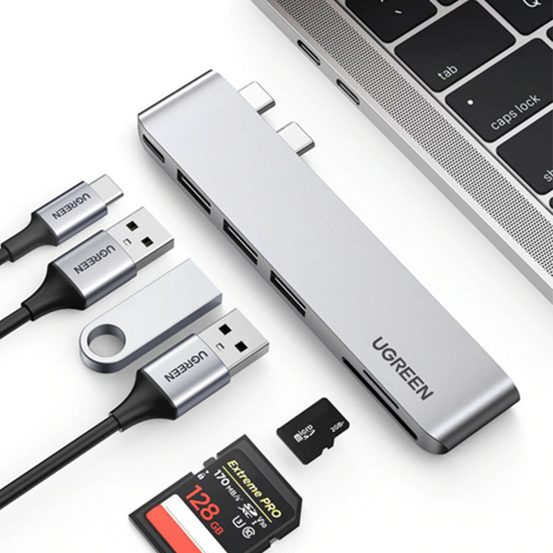 UGREEN 2x USB-C To 3x USB-A 3.0 + SD + TF + PD Multifunctional Adapter with Aluminium Shell - 60560